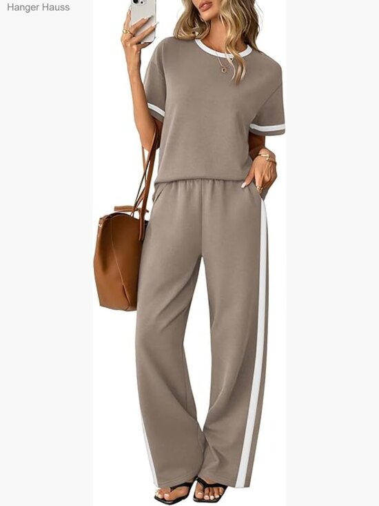 Pants - 2 Piece Matching Lounge Set Wide Leg Pants with Pockets Short Sleeve Crew Neck
